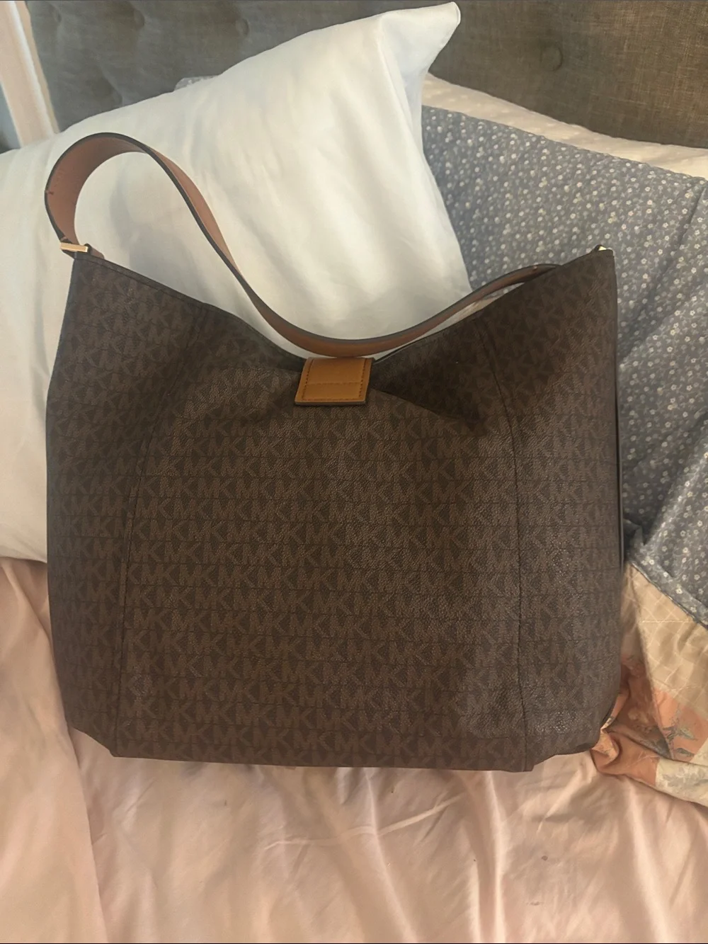 Michael Kors Brown Logo Shoulder Tote with Tan Trim and Gold Hardware